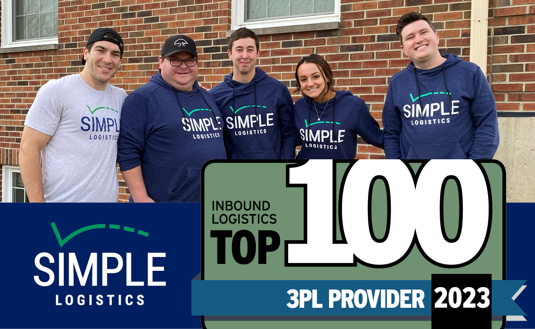 Photo of 5 coworkers from Simple Logistics smiling. TOP 100 3PL Award logo below them.