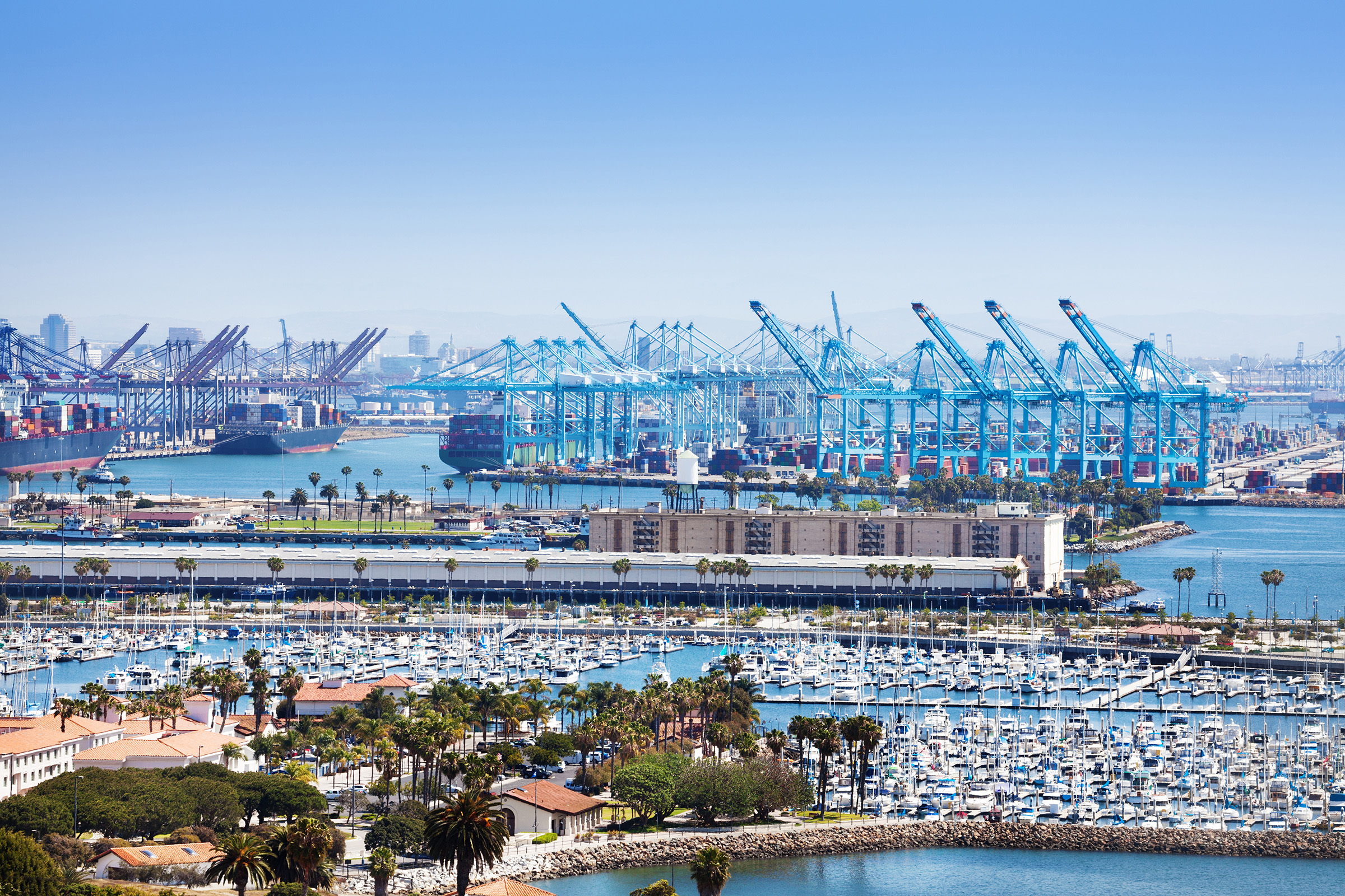 Aerial view Long Beach marina and shipping port at sunny day