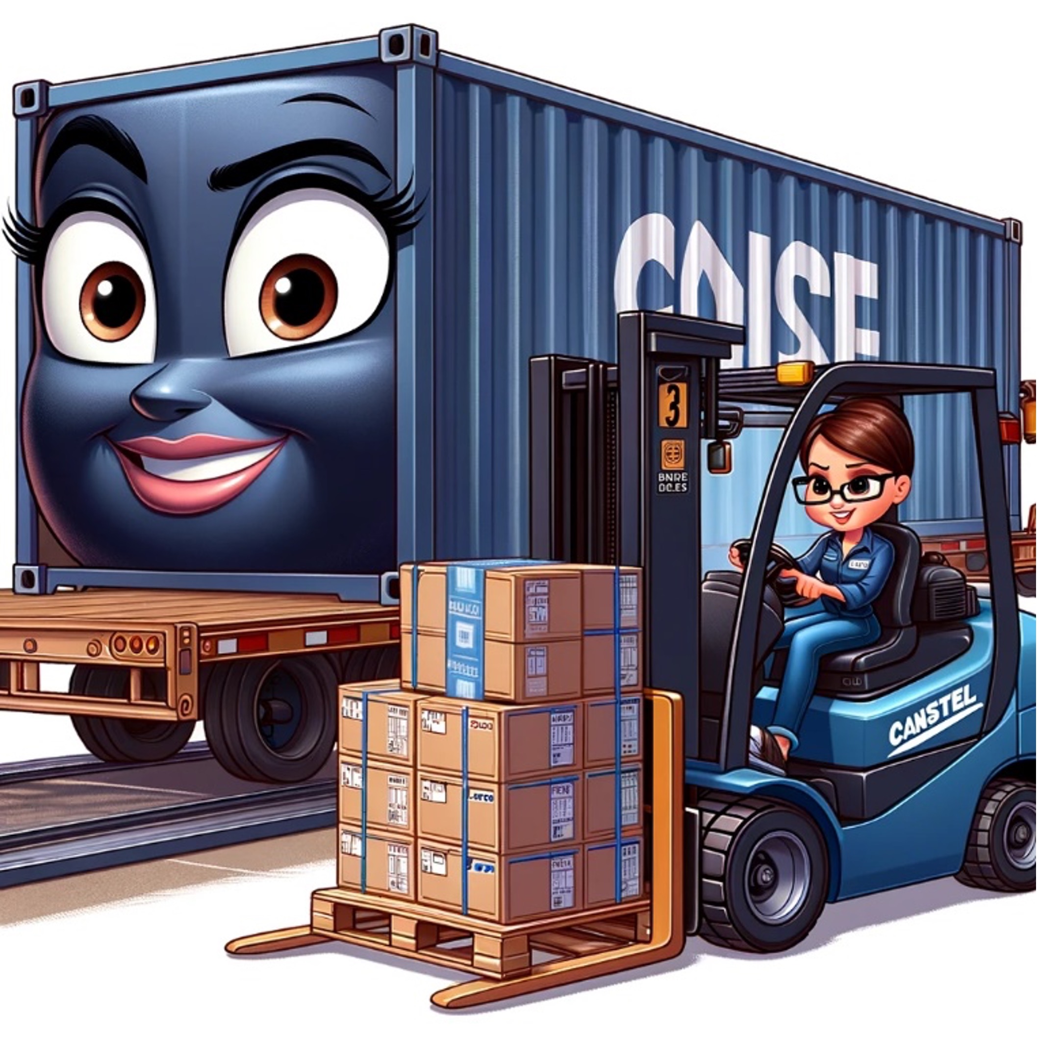 Cartoon graphic of shipping container being unloaded