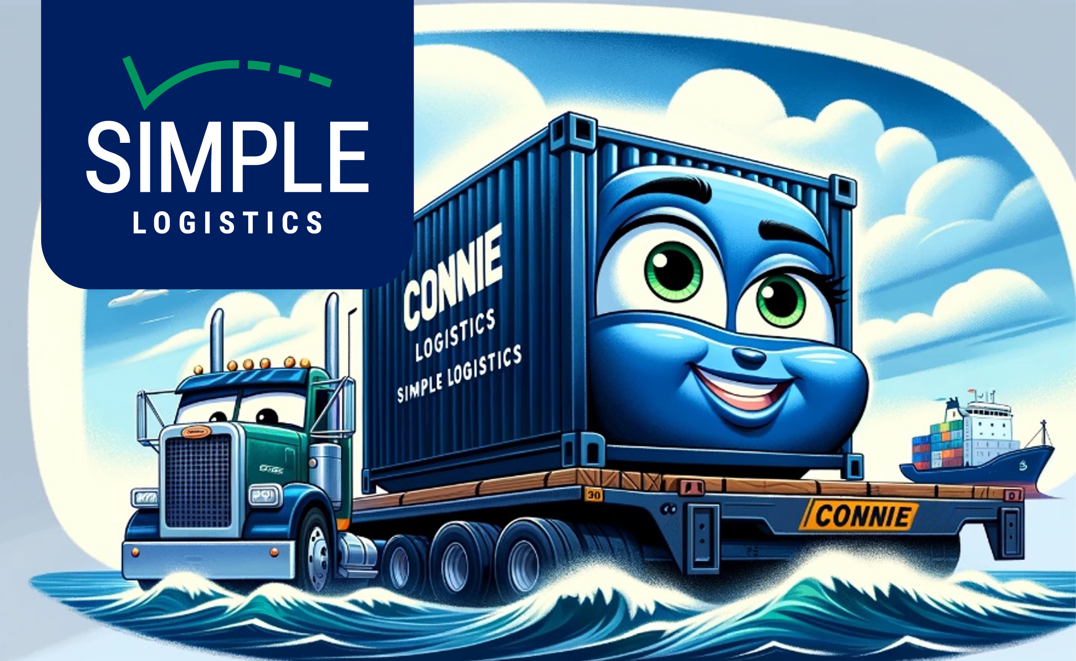 Cartoon graphic of Connie the Container with Simple Logistics logo in top left corner